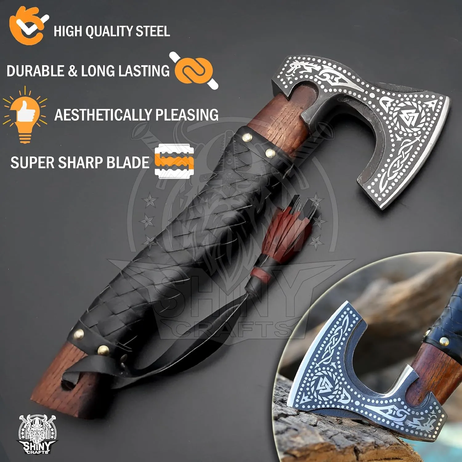 SHINY CRAFTS-Viking Axe Bearded Axe Tomahawk Birthday Gifts-Viking Axe Real, Bearded Axe Real Hatchet Russian Valknut Wood Working Tool with Premium Leather Sheath (SCA-10)