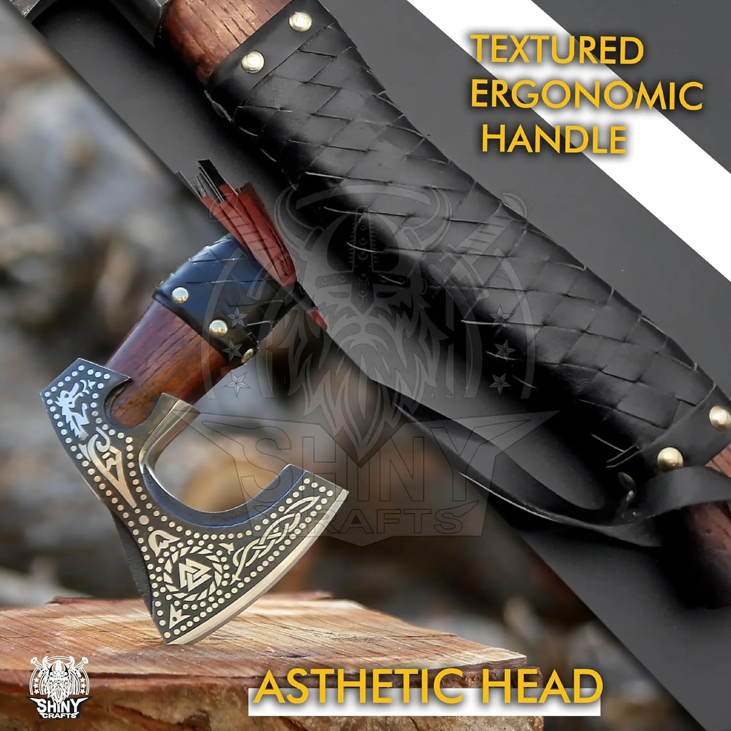 SHINY CRAFTS-Viking Axe Bearded Axe Tomahawk Birthday Gifts-Viking Axe Real, Bearded Axe Real Hatchet Russian Valknut Wood Working Tool with Premium Leather Sheath (SCA-10)