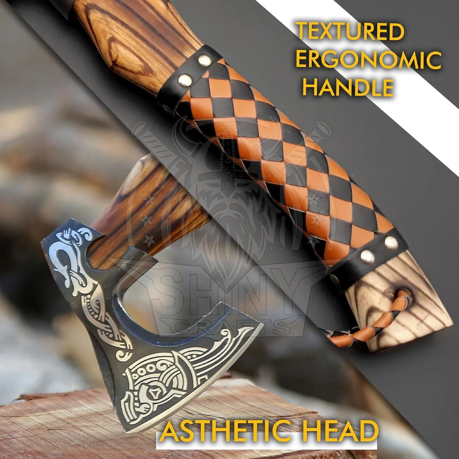 SHINY CRAFTS Viking Axe - Handmade Hatchet Norse Valhalla Runic Carbon Steel Head Engraved Handle Wolf Camp Axe With Genuine Leather Sheath & Wrap (SCA 03)
