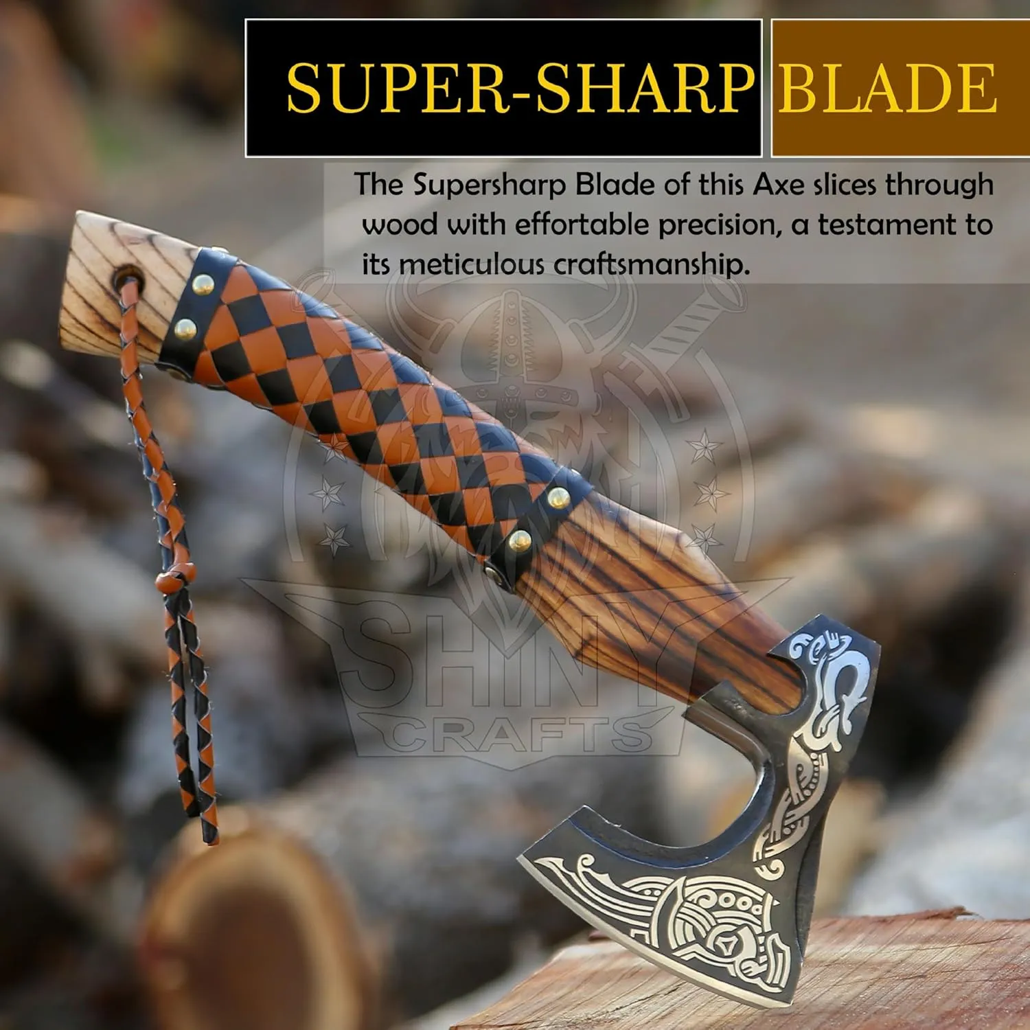 SHINY CRAFTS Viking Axe - Handmade Hatchet Norse Valhalla Runic Carbon Steel Head Engraved Handle Wolf Camp Axe With Genuine Leather Sheath & Wrap (SCA 03)