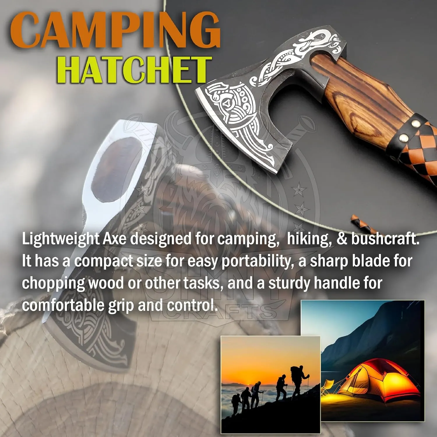 SHINY CRAFTS Viking Axe - Handmade Hatchet Norse Valhalla Runic Carbon Steel Head Engraved Handle Wolf Camp Axe With Genuine Leather Sheath & Wrap (SCA 03)
