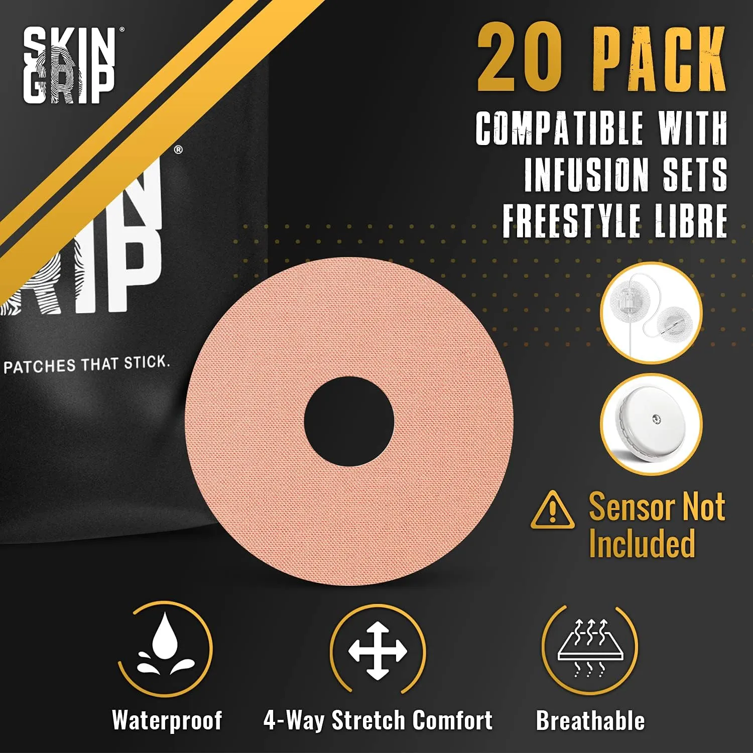 Skin Grip Universal Adhesive Patches for CGM and Insulin Pumps with Cutout (20-Pack), 0.8-Inch Hole, Waterproof & Sweatproof for 10-14 Days, Glucose Monitor Patch, Diabetic Sensor Cover, Tan