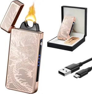 SKRFIRE Electric Rechargeable USB Plasma Arc Lighters High Power Flame Windproof Lighter Torch Unique Dragon Lighter with Gift Box for Birthday, Gift for Men, Women(Gold Dragon)