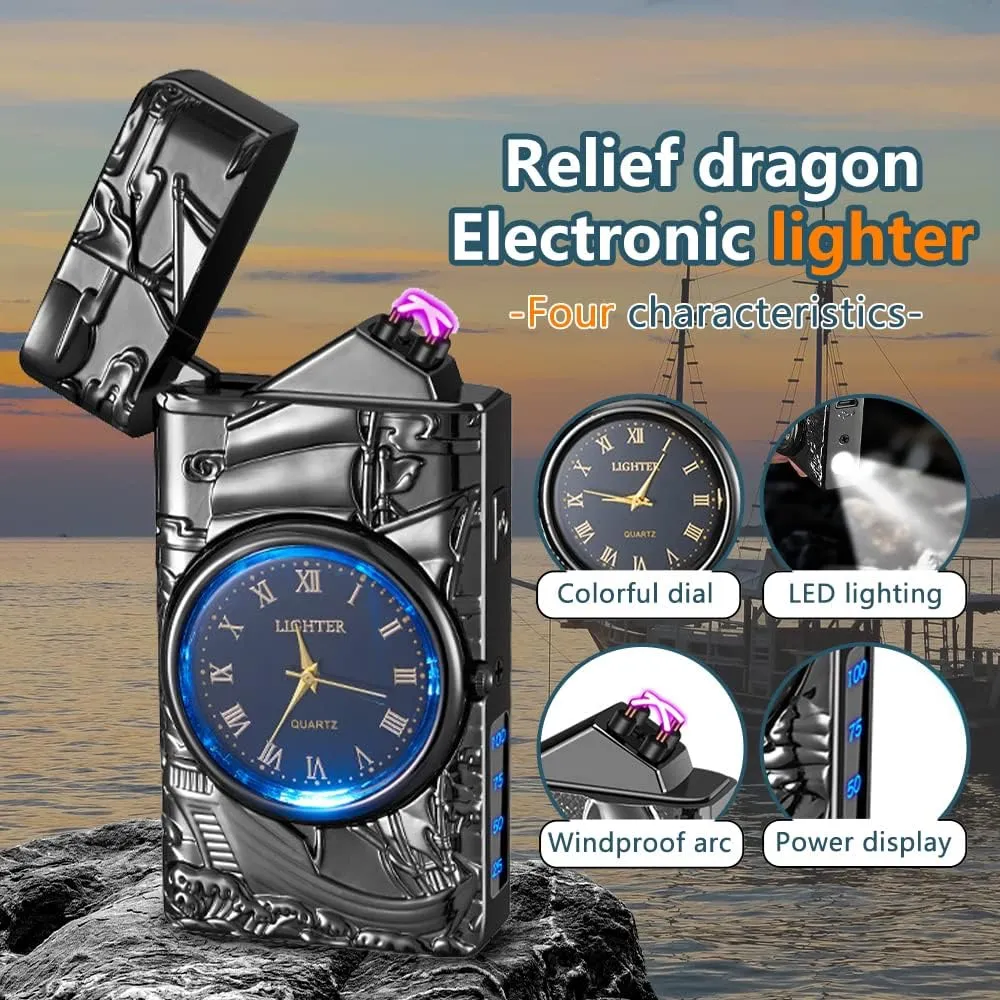 SKRFIRE Sailboat Arc Lighter - USB Rechargeable, Multifunctional Metal Lighter with Real Watch Dial LED Lighting (Black)