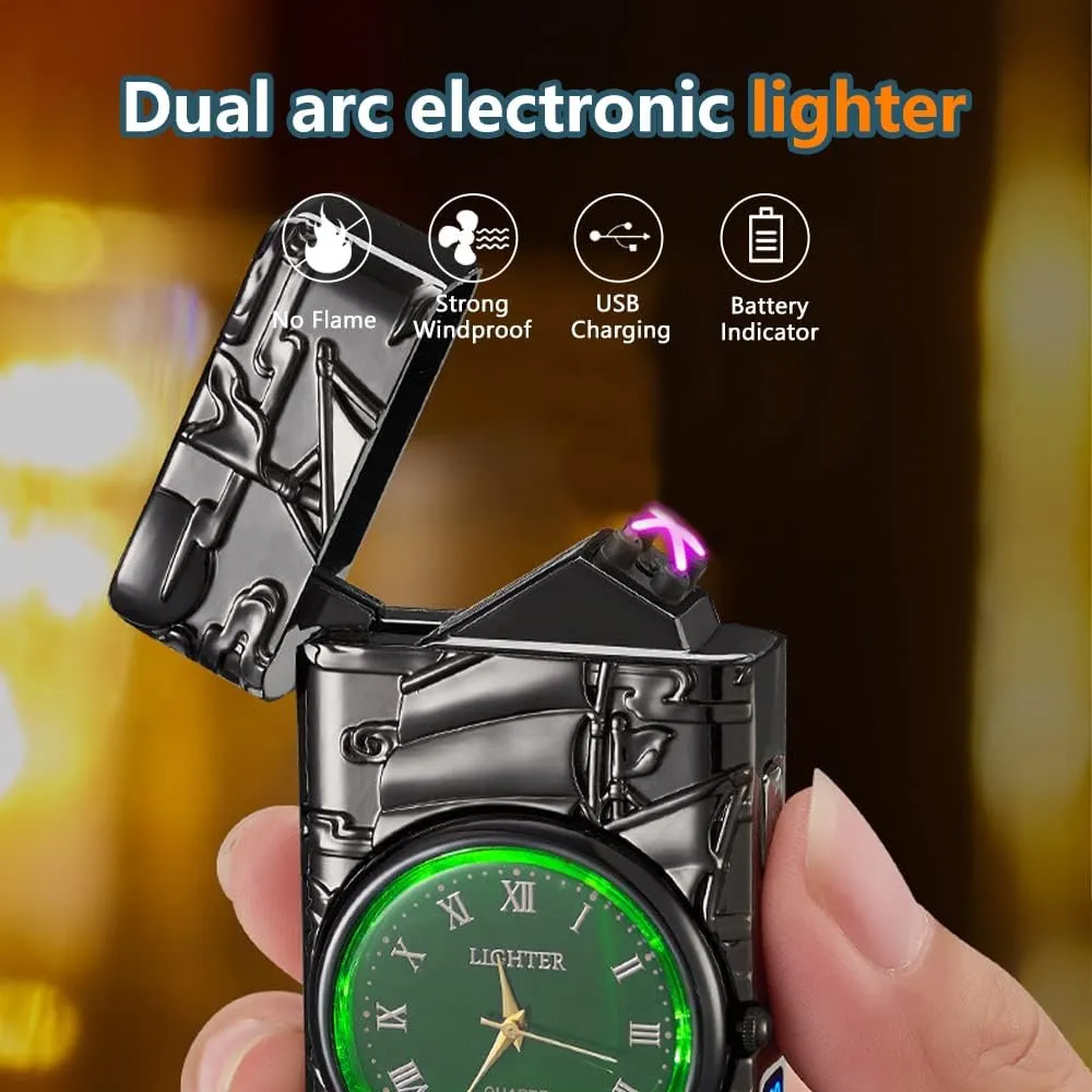 SKRFIRE Sailboat Arc Lighter - USB Rechargeable, Multifunctional Metal Lighter with Real Watch Dial LED Lighting (Black)