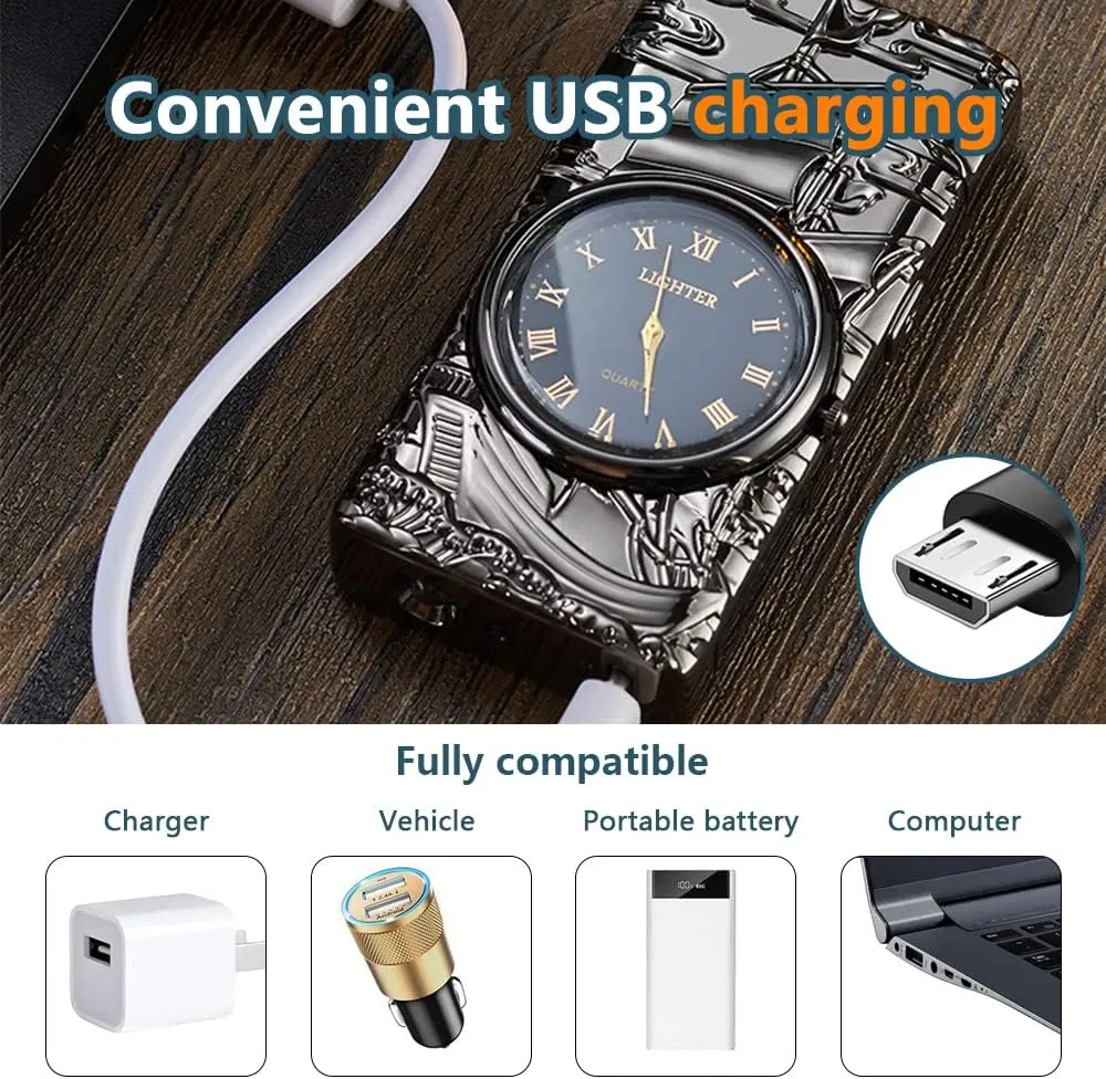 SKRFIRE Sailboat Arc Lighter - USB Rechargeable, Multifunctional Metal Lighter with Real Watch Dial LED Lighting (Black)