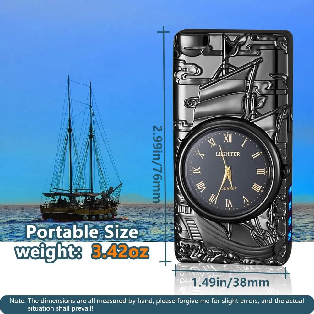 SKRFIRE Sailboat Arc Lighter - USB Rechargeable, Multifunctional Metal Lighter with Real Watch Dial LED Lighting (Black)