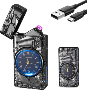 SKRFIRE Sailboat Arc Lighter - USB Rechargeable, Multifunctional Metal Lighter with Real Watch Dial LED Lighting (Black)