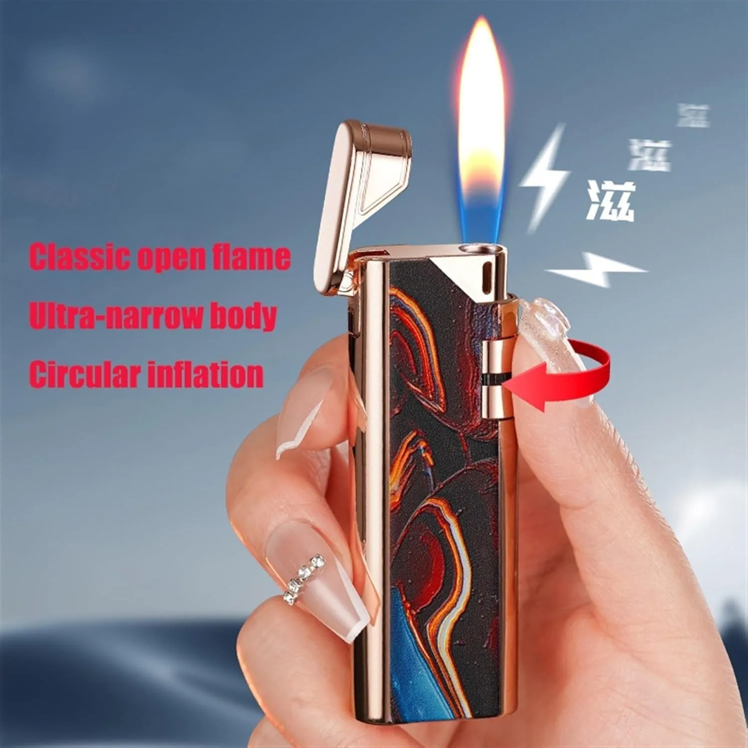 Slim Soft Flame Lighter, Side Wheel Flint Ignition Portable Ultra-Thin Lighter，Baking Paint Process， Adjustable Flame Refillable Butane Lighter, Gifts for Men Dad Husband(C10)