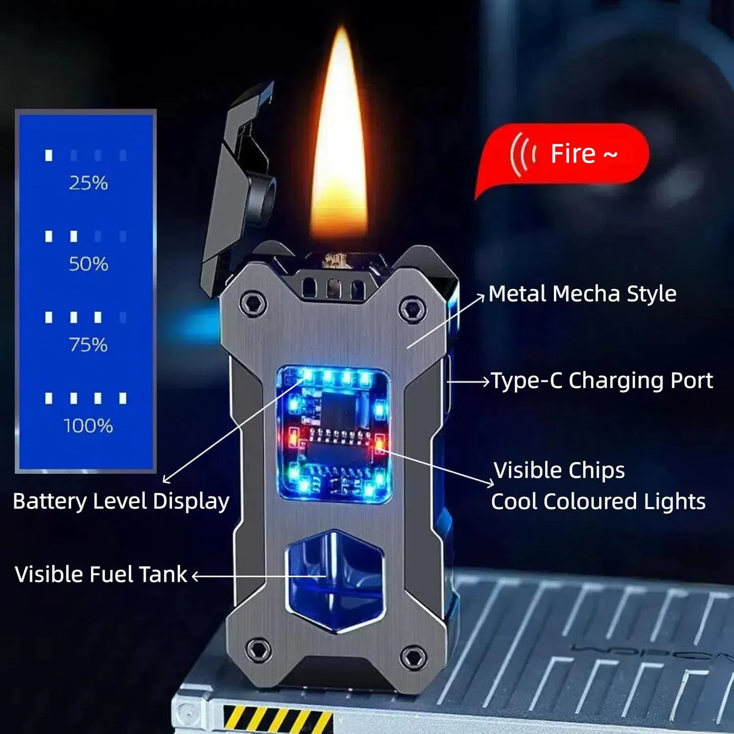 Smart Kerosene Lighter 4-Ignition Methods, Voice Activated Soft Flame Lighter, Metal Mecha Style Refillable Lighters with Cool Colorful Breathing Light (Ice Black, No Fuel)