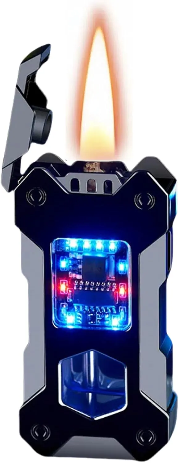 Smart Kerosene Lighter 4-Ignition Methods, Voice Activated Soft Flame Lighter, Metal Mecha Style Refillable Lighters with Cool Colorful Breathing Light (Ice Black, No Fuel)