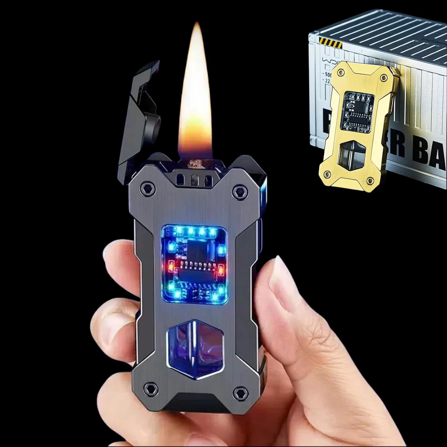 Smart Kerosene Lighter 4-Ignition Methods, Voice Activated Soft Flame Lighter, Metal Mecha Style Refillable Lighters with Cool Colorful Breathing Light (Ice Black, No Fuel)