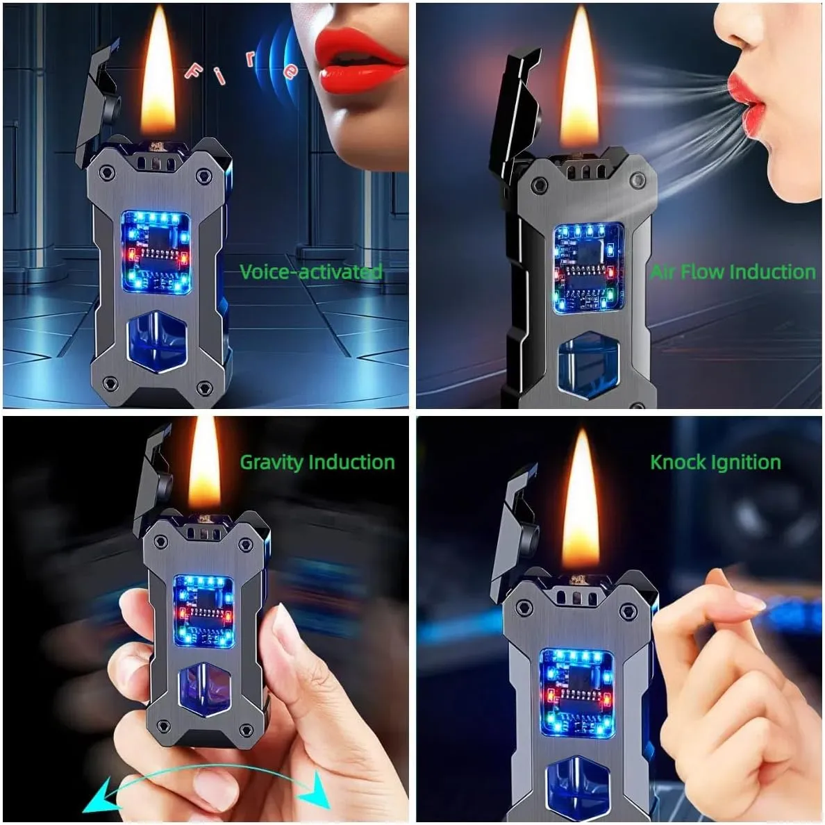 Smart Kerosene Lighter 4-Ignition Methods, Voice Activated Soft Flame Lighter, Metal Mecha Style Refillable Lighters with Cool Colorful Breathing Light (Ice Black, No Fuel)