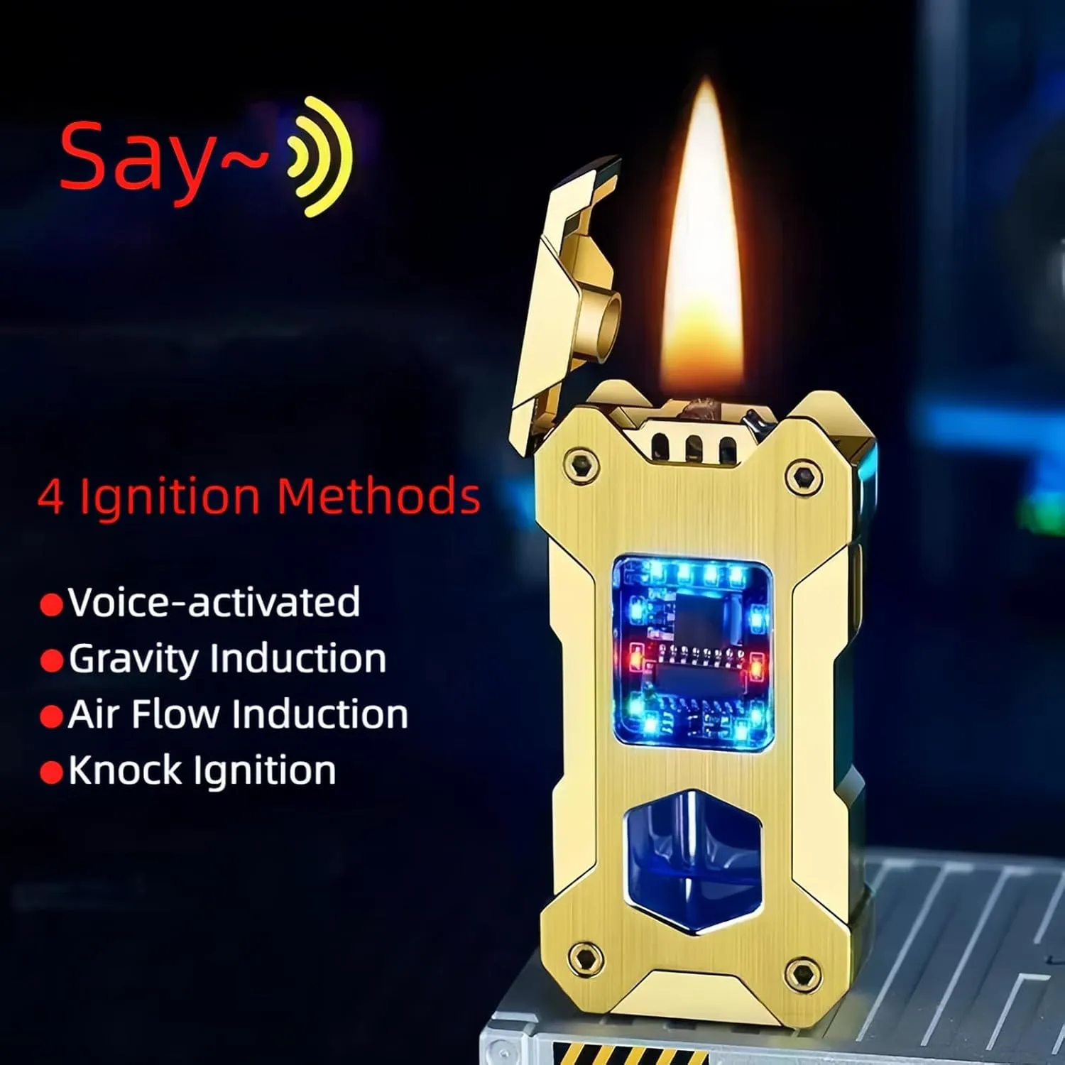 Smart Kerosene Lighter 4-Ignition Methods, Voice Activated Soft Flame Lighter, Metal Mecha Style Refillable Lighters with Cool Colorful Breathing Light (Ice Black, No Fuel)