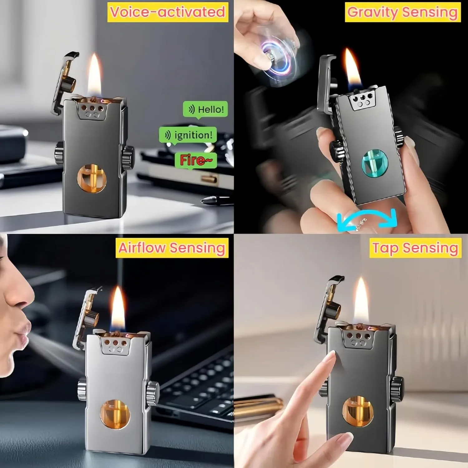 Smart Kerosene Lighter 4-Ignition Methods, Voice Activated Soft Flame Lighter, Spinner Mecha Design Refillable Lighters with Cool Colorful Breathing Light (Gold, No Fuel)