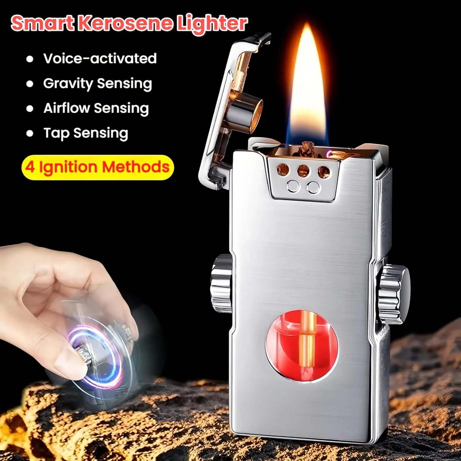 Smart Kerosene Lighter 4-Ignition Methods, Voice Activated Soft Flame Lighter, Spinner Mecha Design Refillable Lighters with Cool Colorful Breathing Light (Gold, No Fuel)