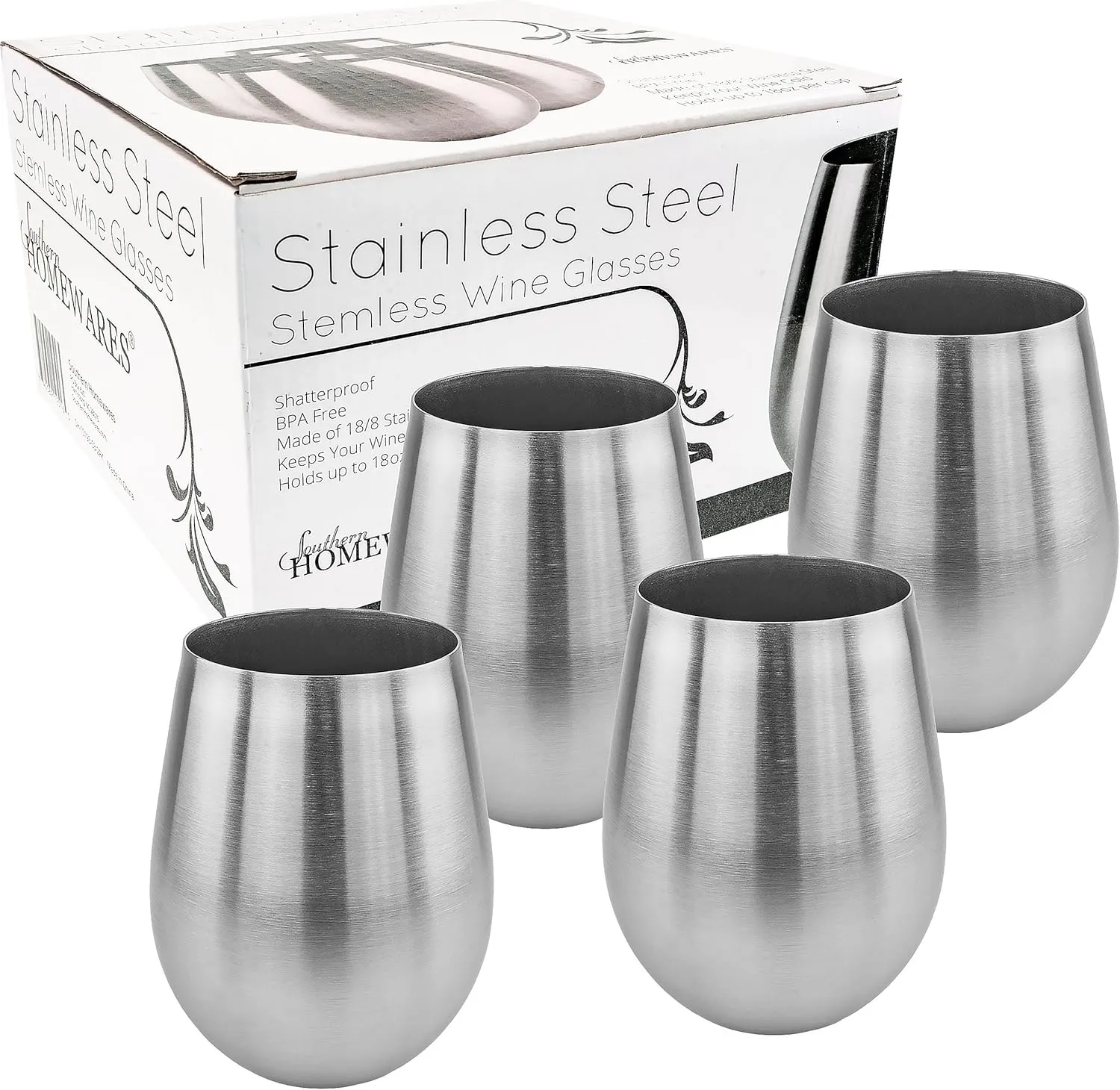 Southern Homewares Stainless Steel Stemless Wine Glasses 18oz - Shatterproof Metal Unbreakable Vino Cups - 18/8 Stainless Steel - Set of 4
