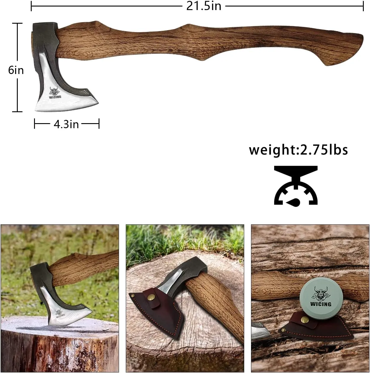 Splitting Axe, 21.5-inch Chopping Axe with Leather Sheath, Camping Hatchet 1055 High Carbon Steel and Beech Wooden Handle