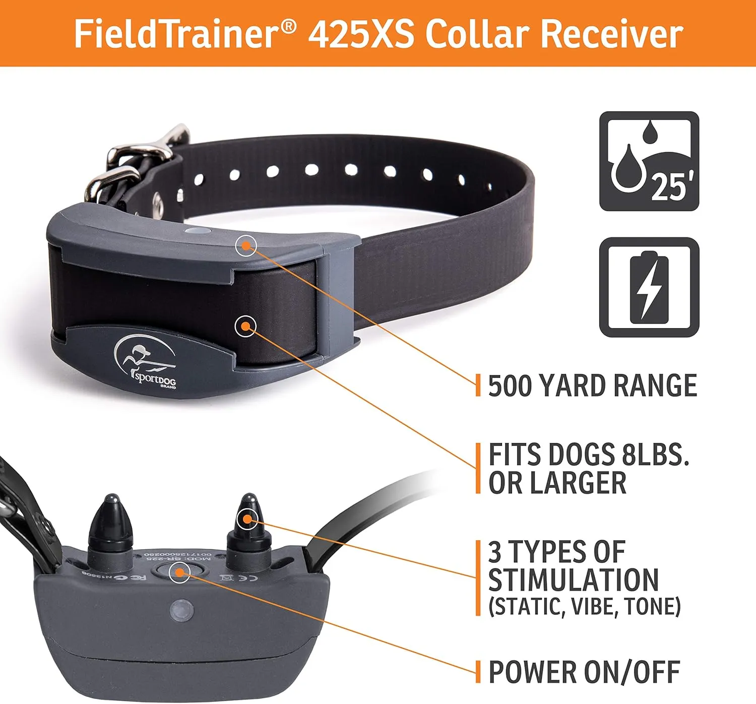 SportDOG Brand FieldTrainer 425XS Remote Training Dog Collar, E Collar For Stubborn Dogs - Waterproof, Submersible Up To 25 Feet, Rechargeable Dog Training Device with Remote Static, Vibrate, and Tone