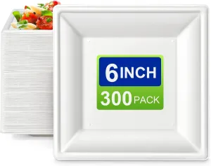 Square Paper Plates 6 inch, 300 Pack Bulk Paper Plates, 100% Compostable Paper Plates Disposable Sturdy, Small Dessert Plates for Party Wedding
