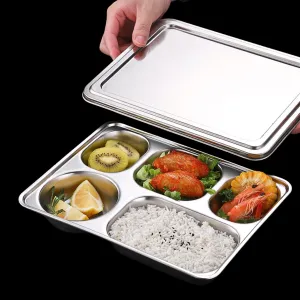Stainless Steel Divided Plates with Lid, 5 Pack Divided Dinner Tray 5 Compartments Lunch Tray Divided Dinner Tray Meal Prep Lunch Containers for Adults, Picky Eaters, Campers, Portion Control