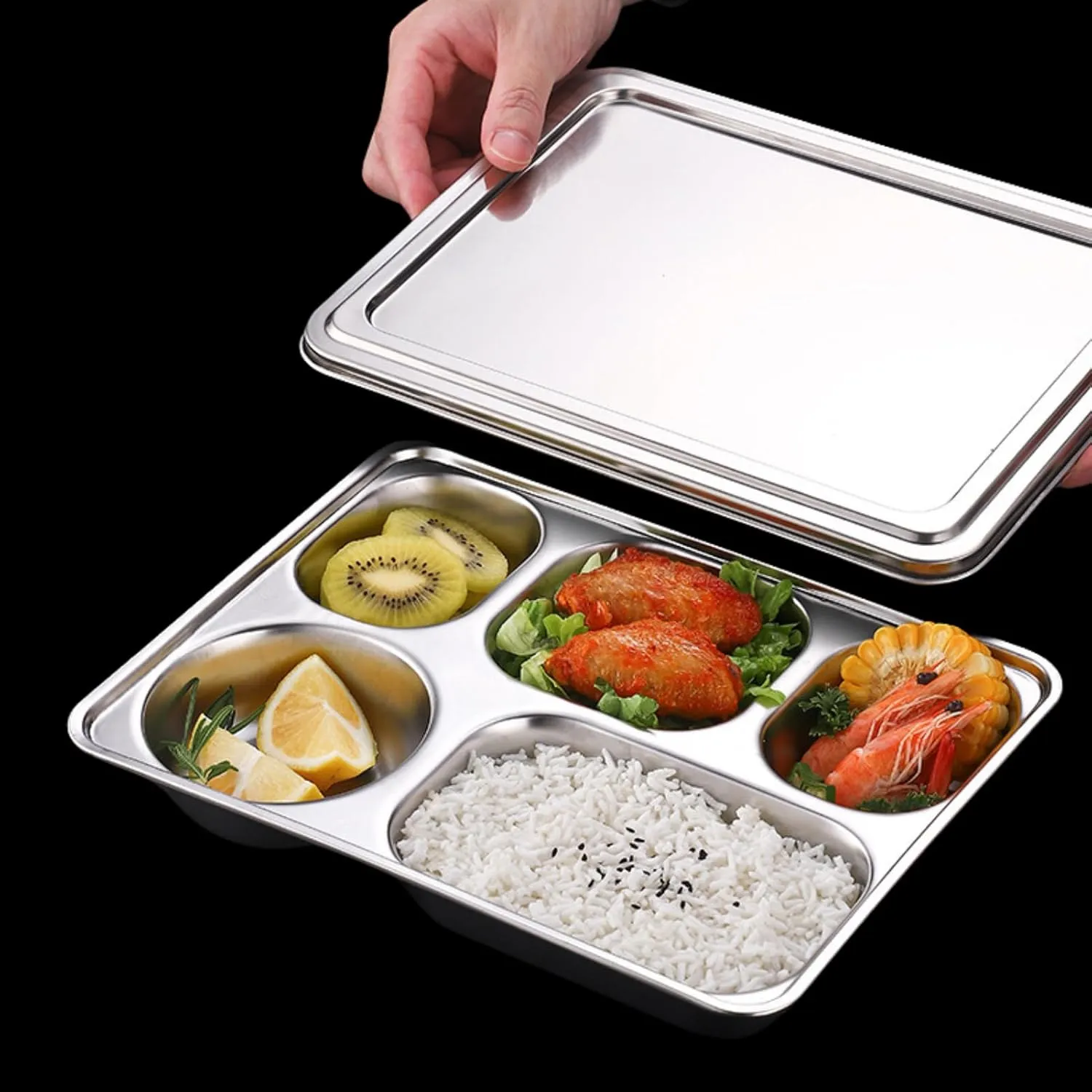 Stainless Steel Divided Plates with Lid, 5 Pack Divided Dinner Tray 5 Compartments Lunch Tray Divided Dinner Tray Meal Prep Lunch Containers for Adults, Picky Eaters, Campers, Portion Control