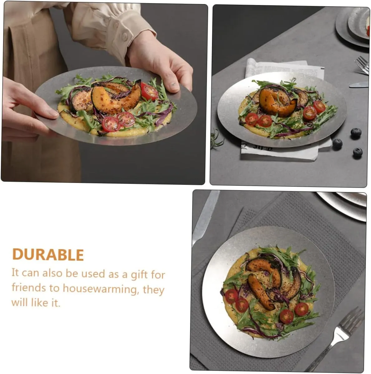 Stainless Steel Food Plate Serving Plate Desserts and Dinnerware Easy to Clean Smooth for Restaurants Camping and Outdoor Use Vintage Design