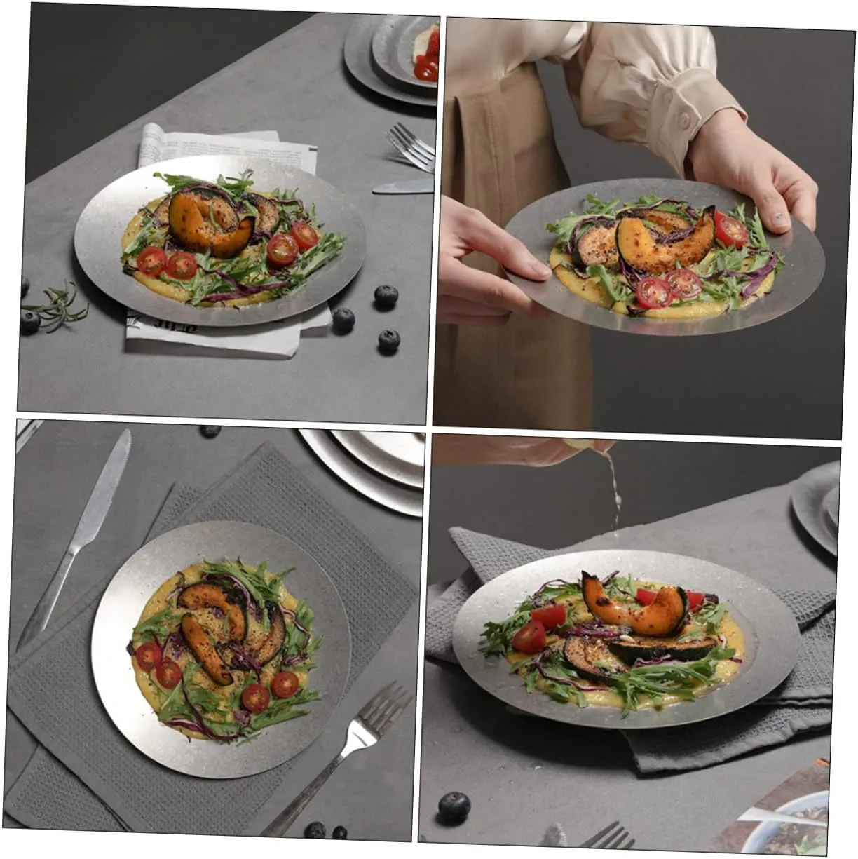 Stainless Steel Food Plate Serving Plate Desserts and Dinnerware Easy to Clean Smooth for Restaurants Camping and Outdoor Use Vintage Design