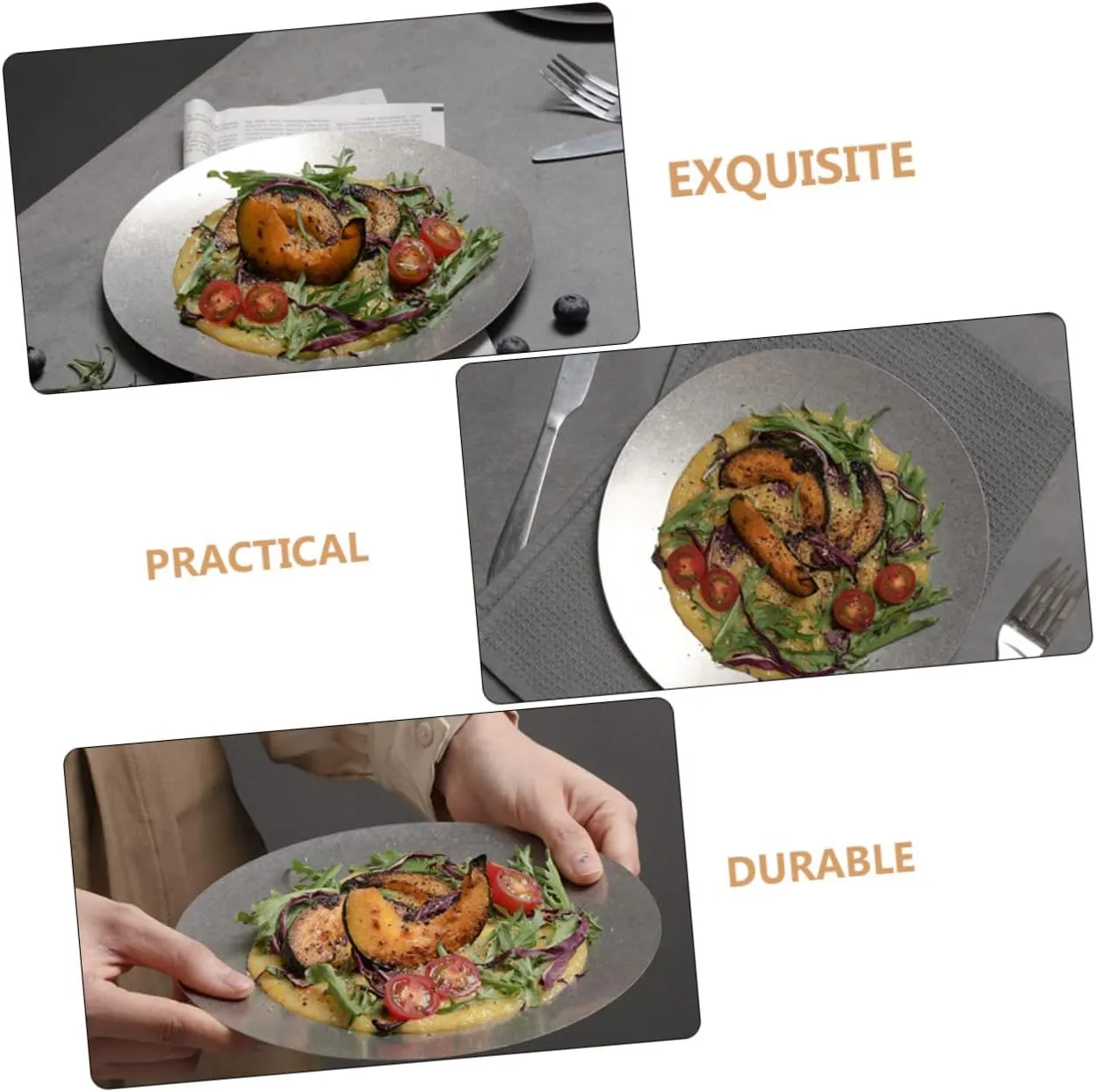 Stainless Steel Food Plate Serving Plate Desserts and Dinnerware Easy to Clean Smooth for Restaurants Camping and Outdoor Use Vintage Design