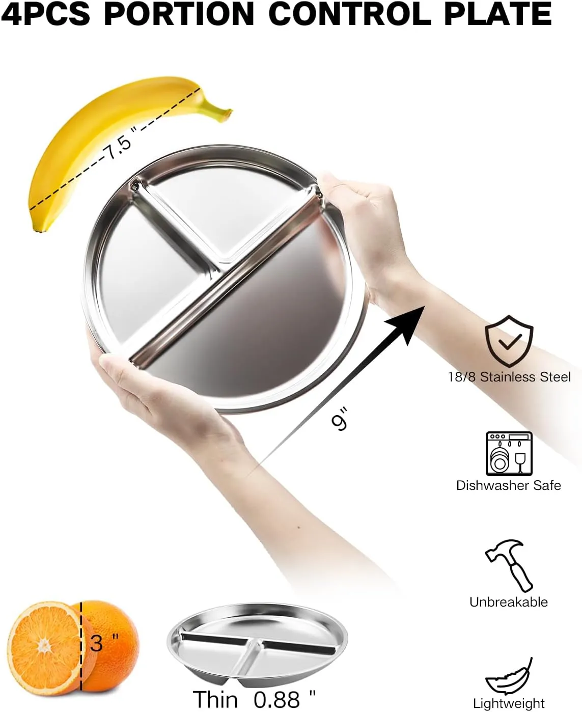 Stainless Steel Kids Plates Set of 4, 9" Portion Control Plates Divided Plate for Adults Toddlers Balance Lunch, Bariatric & Diabetic Diet, Non Toxic Camping Metal Snack Plate for Eating
