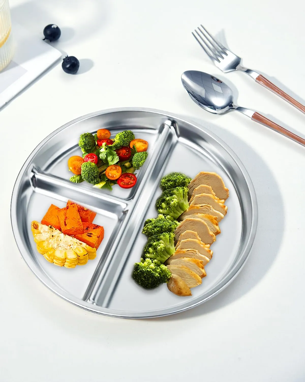 Stainless Steel Kids Plates Set of 4, 9" Portion Control Plates Divided Plate for Adults Toddlers Balance Lunch, Bariatric & Diabetic Diet, Non Toxic Camping Metal Snack Plate for Eating