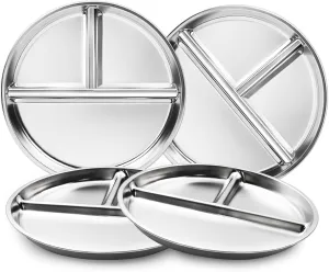 Stainless Steel Kids Plates Set of 4, 9" Portion Control Plates Divided Plate for Adults Toddlers Balance Lunch, Bariatric & Diabetic Diet, Non Toxic Camping Metal Snack Plate for Eating