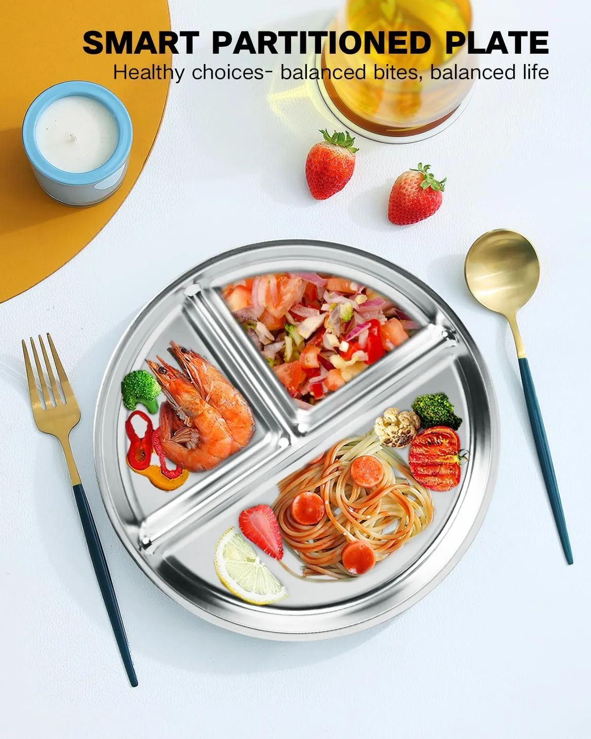 Stainless Steel Kids Plates Set of 4, 9" Portion Control Plates Divided Plate for Adults Toddlers Balance Lunch, Bariatric & Diabetic Diet, Non Toxic Camping Metal Snack Plate for Eating