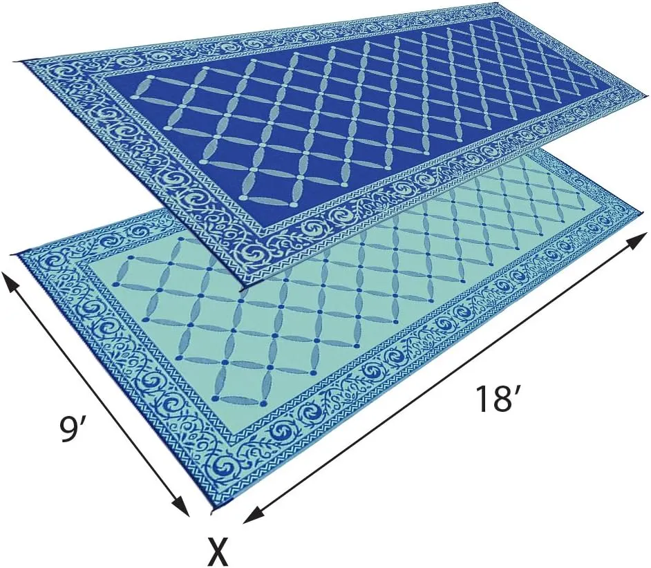 Stylish Camping 119183 9-feet by 18-feet Reversible Mat, Plastic Straw Rug, Large Floor Mat for Outdoors, RV, Patio, Backyard, Picnic, Beach, Camping (Blue/Light-Green)