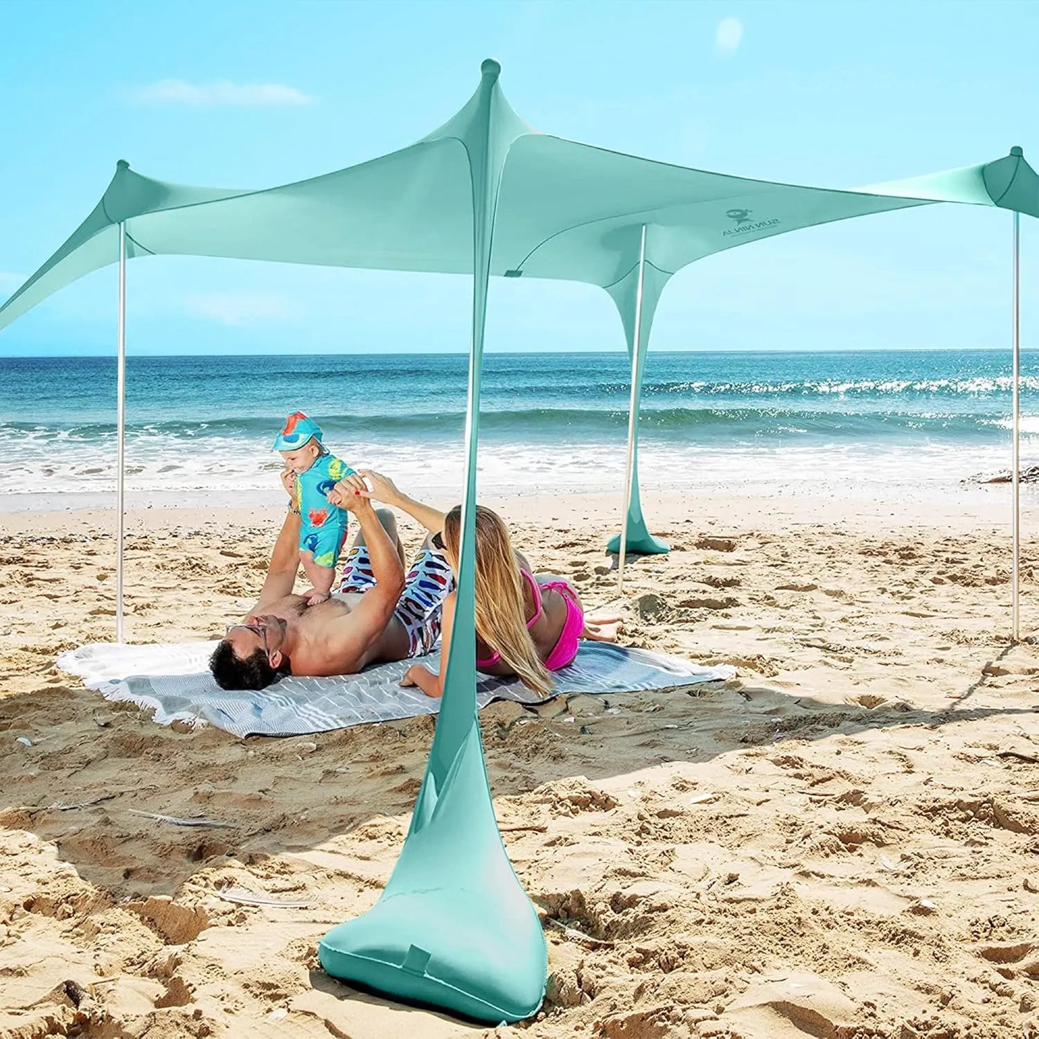 SUN NINJA Pop Up Beach Tent Sun Shelter UPF50  with Sand Shovel, Ground Pegs and Stability Poles, Outdoor Shade for Camping Trips, Fishing, Backyard Fun or Picnics (7x7.5 FT 4 Pole, Green)