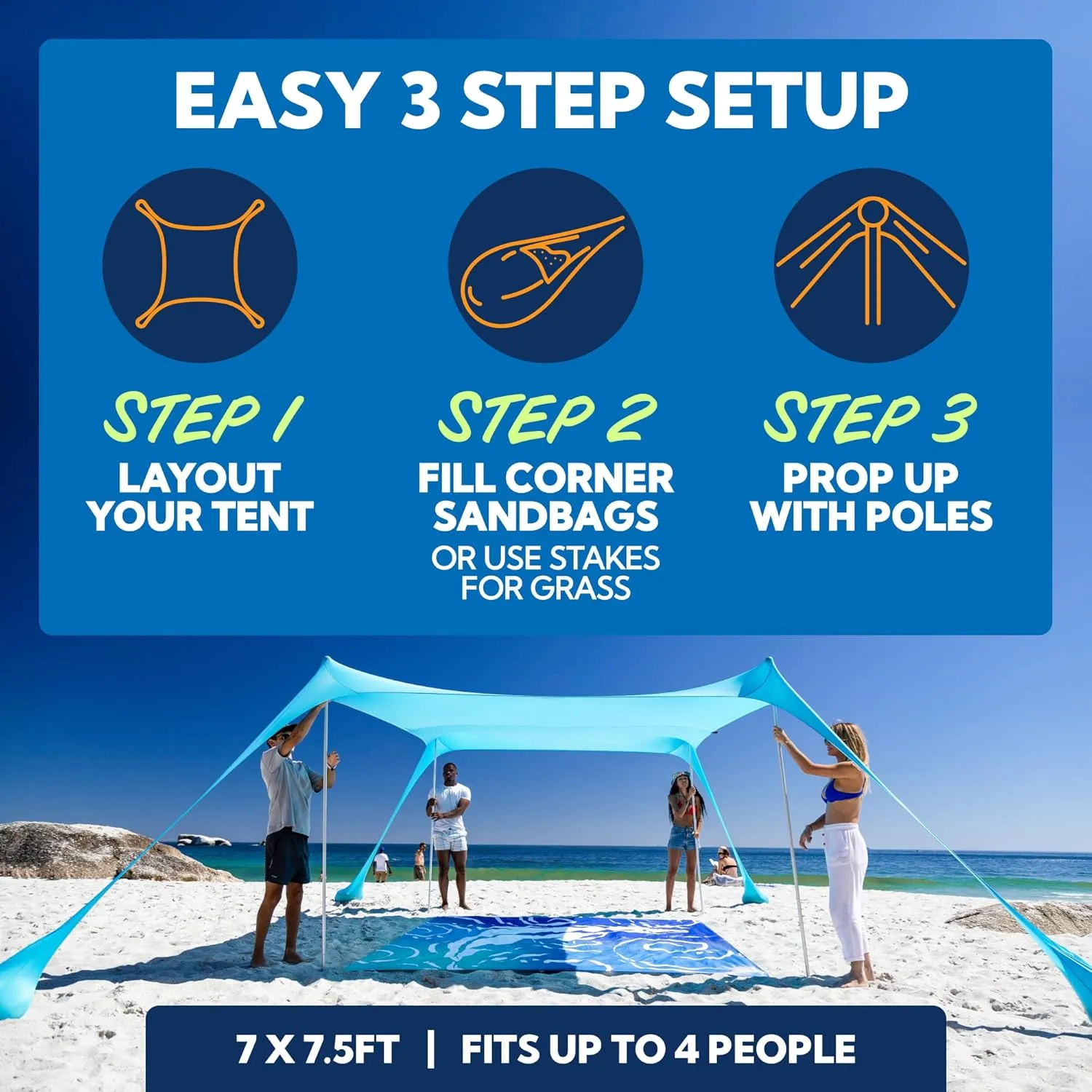 SUN NINJA Pop Up Beach Tent Sun Shelter UPF50  with Sand Shovel, Ground Pegs and Stability Poles, Outdoor Shade for Camping Trips, Fishing, Backyard Fun or Picnics (7x7.5 FT 4 Pole, Green)