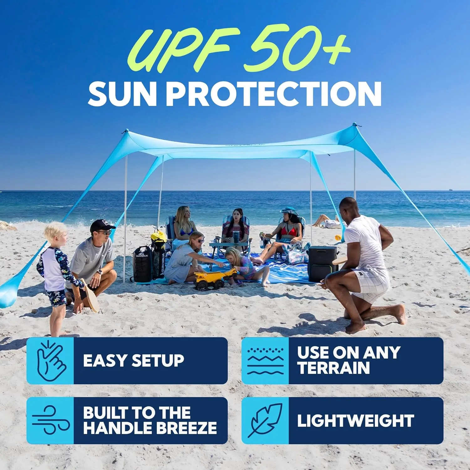 SUN NINJA Pop Up Beach Tent Sun Shelter UPF50  with Sand Shovel, Ground Pegs and Stability Poles, Outdoor Shade for Camping Trips, Fishing, Backyard Fun or Picnics (7x7.5 FT 4 Pole, Green)