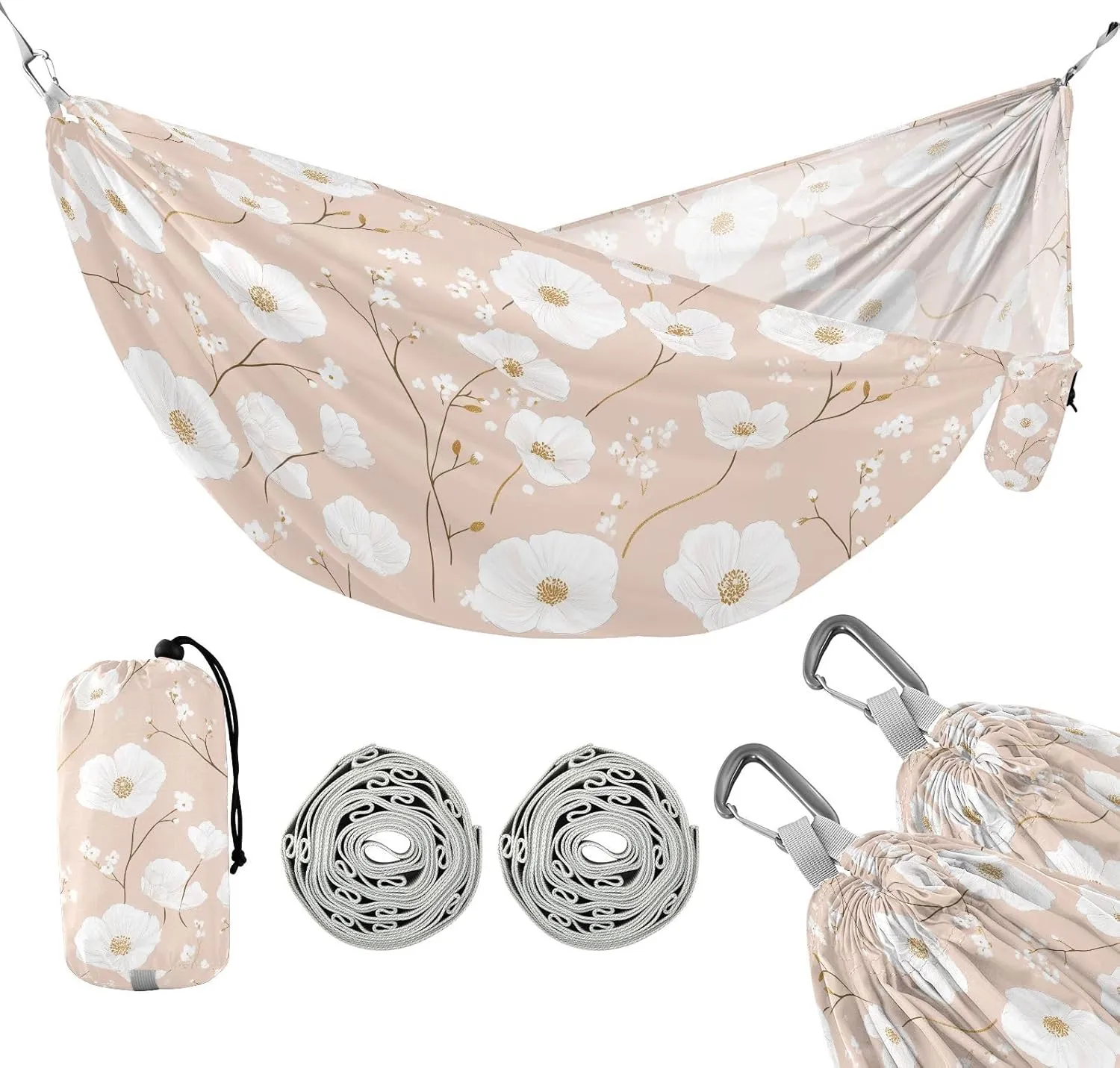susiyo Portable Camping Hammock Cute Pink Floral Printed Lightweight Hammock Comfortable Travel Swing with Tree Straps for Camping Hiking Backpacking Travel or Beach - Up to 330lbs