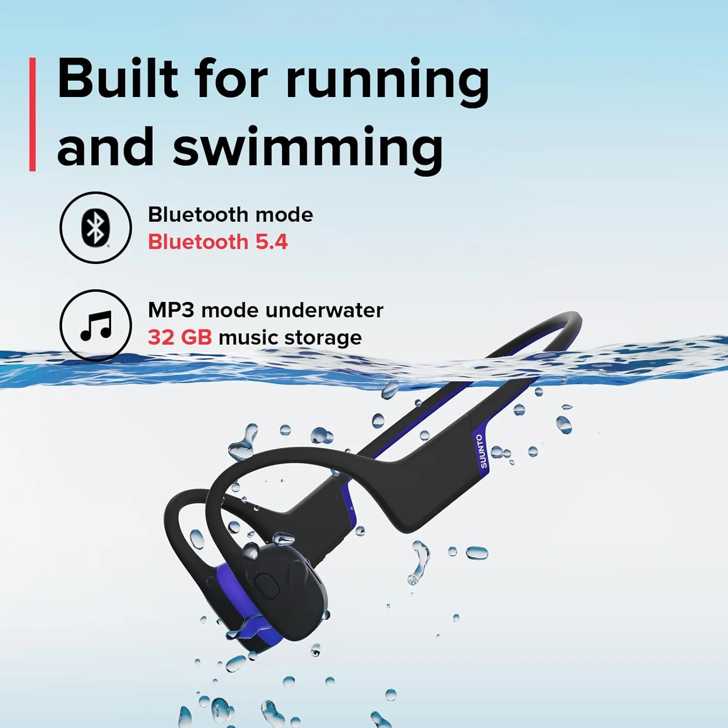 SUUNTO Aqua Light Open-Ear Swimming Bone Conduction Headphone, 32GB MP3 Player，Bluetooth Sports Headphone w/Dual-Mic, Noise Cancelled, IP68 Waterproof, 10H Playtime, 28g Lightweight, Tidal Black
