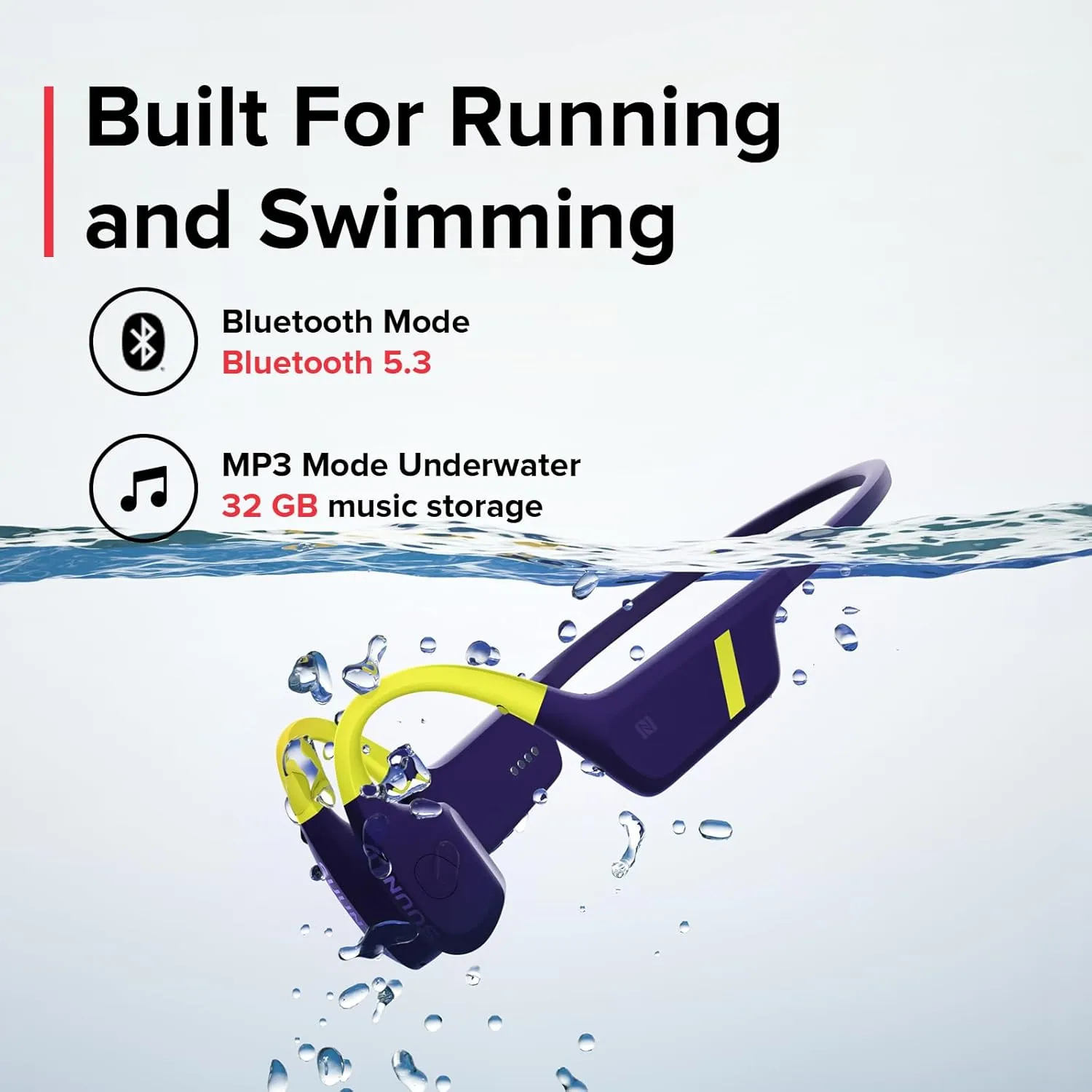 SUUNTO Aqua Swimming Open-Ear Bluetooth Headphones, 32GB MP3 Bone Conduction Player for Running & Cycling, Head Movement Control & Dual-Mic, IP68 Waterproof, 30H Playtime w/Powerbank, Lime Blue