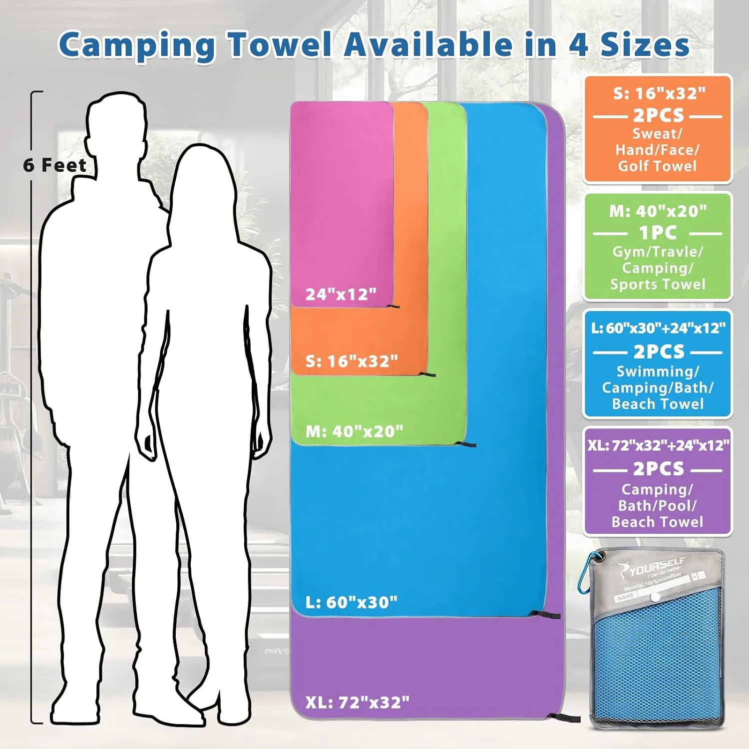 SYOURSELF 2 Pack Microfiber Camping Towel, Quick Dry Towel, Soft Absorbent Compact Travel Gym Workout Sweat Towel for Beach Yoga Swim Travel Camping Hiking Backpack Essentials (XL:72"x32" 12"x24")