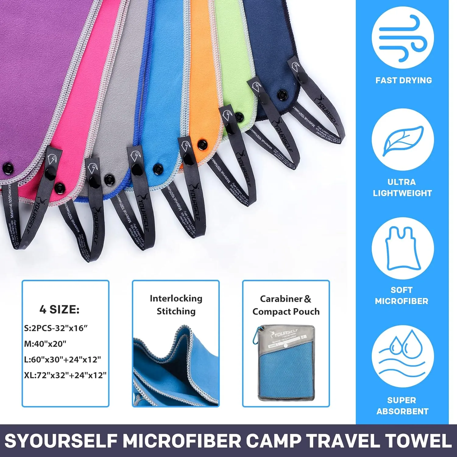 SYOURSELF 2 Pack Microfiber Camping Towel, Quick Dry Towel, Soft Absorbent Compact Travel Gym Workout Sweat Towel for Beach Yoga Swim Travel Camping Hiking Backpack Essentials (XL:72"x32" 12"x24")