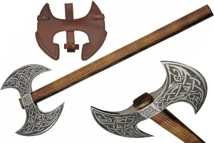 SZCO Supplies 32" Medieval Style Celtic Double Bladed Wood Handle Battle Axe with Sheath, Brown