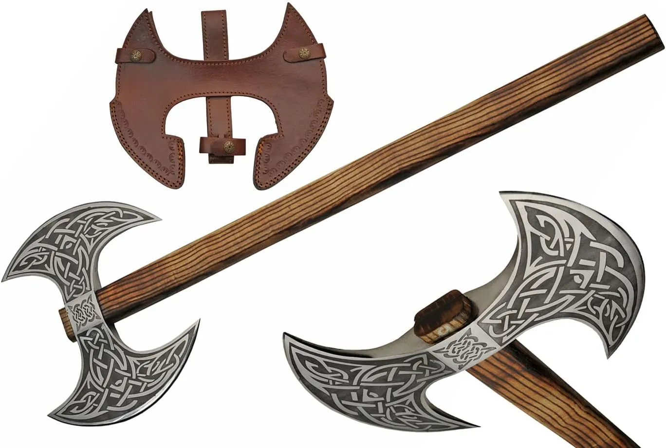 SZCO Supplies 32" Medieval Style Celtic Double Bladed Wood Handle Battle Axe with Sheath, Brown