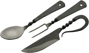 SZCO Supplies 7.25" Hand-Forged Medieval Cutlery Set – Carbon Steel Fork, Knife, Spoon with Leather Pouch, Renaissance Costume Utensils for Camping, Cosplay, and Historical Display