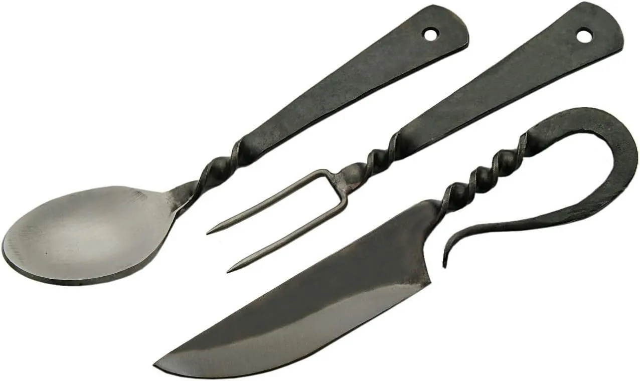 SZCO Supplies 7.25" Hand-Forged Medieval Cutlery Set – Carbon Steel Fork, Knife, Spoon with Leather Pouch, Renaissance Costume Utensils for Camping, Cosplay, and Historical Display