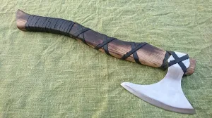 The Lord of Battle Custom Handmade HIGH Carbon Steel Forged Tomahawk Viking HATCHETS Combat Axe with Leather Wrap Handle with Leather Sheath Ash Wood Handle R-A 018