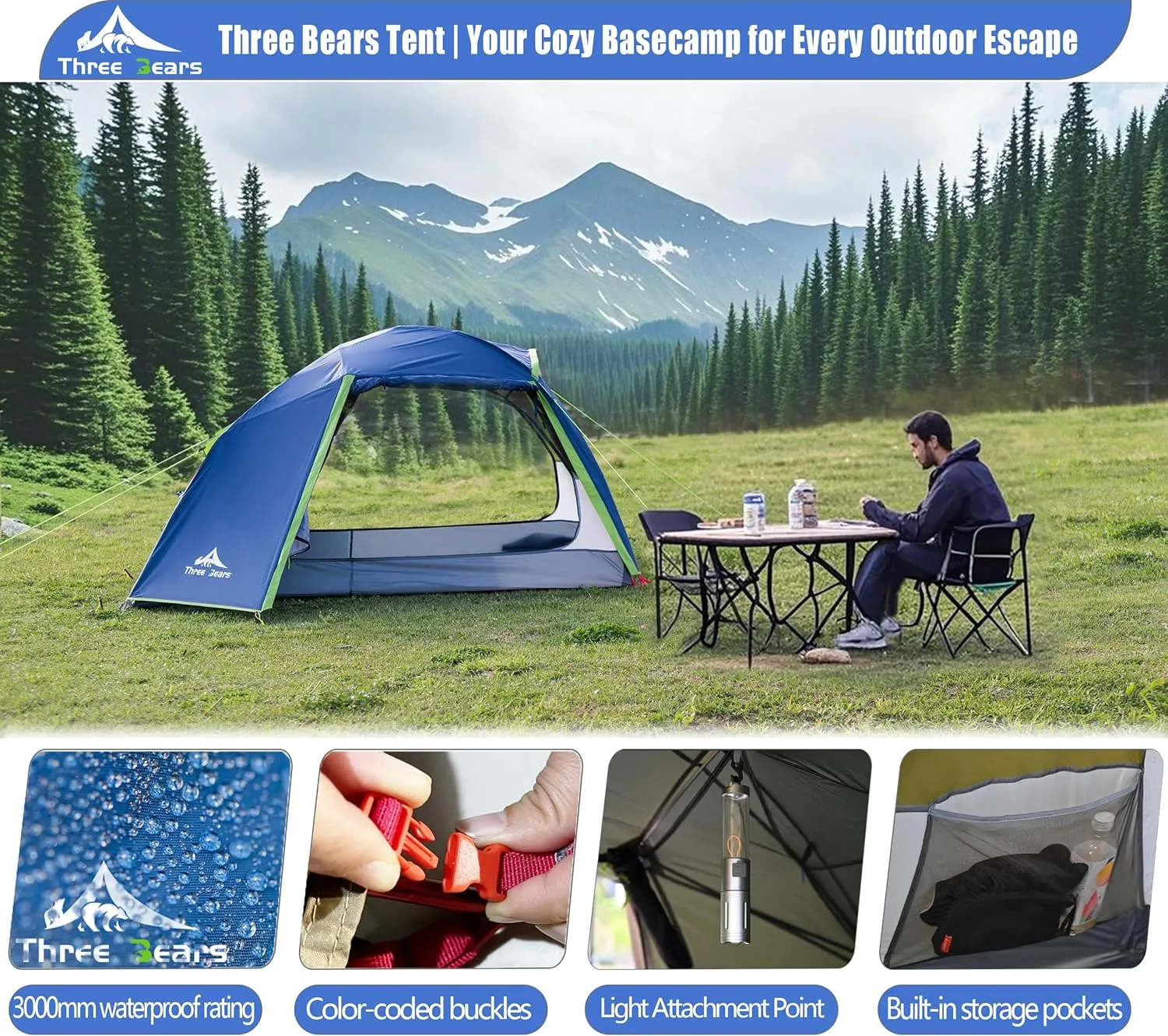 ThreeBears 2-Person Camping Tent, Waterproof & Windproof Lightweight Backpacking Tent for Hiking, Camping, Mountaineering & Travel - Durable & Easy Setup