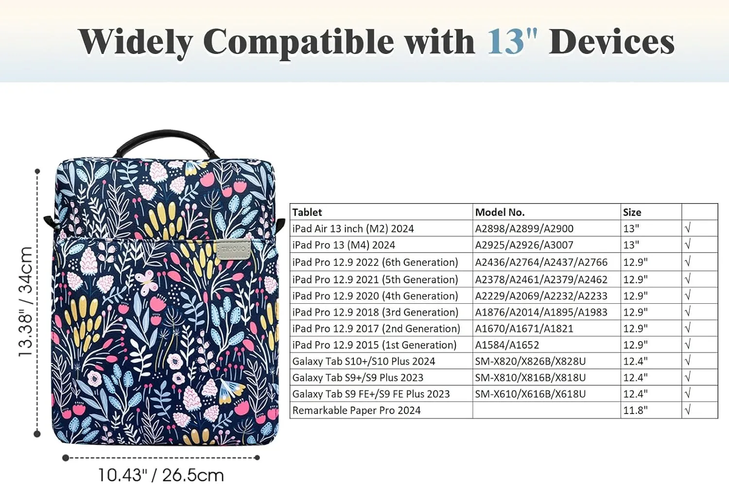 TiMOVO 13 Inch Tablet Sleeve Handbag with Shoulder Strap for iPad Air 13" M3 2025, iPad Pro 13", iPad Pro 12.9", Galaxy Tab S9 /S9 Plus/S10 /S10 Plus/S9 FE /S9 FE Plus 12.4", Colorful Flower
