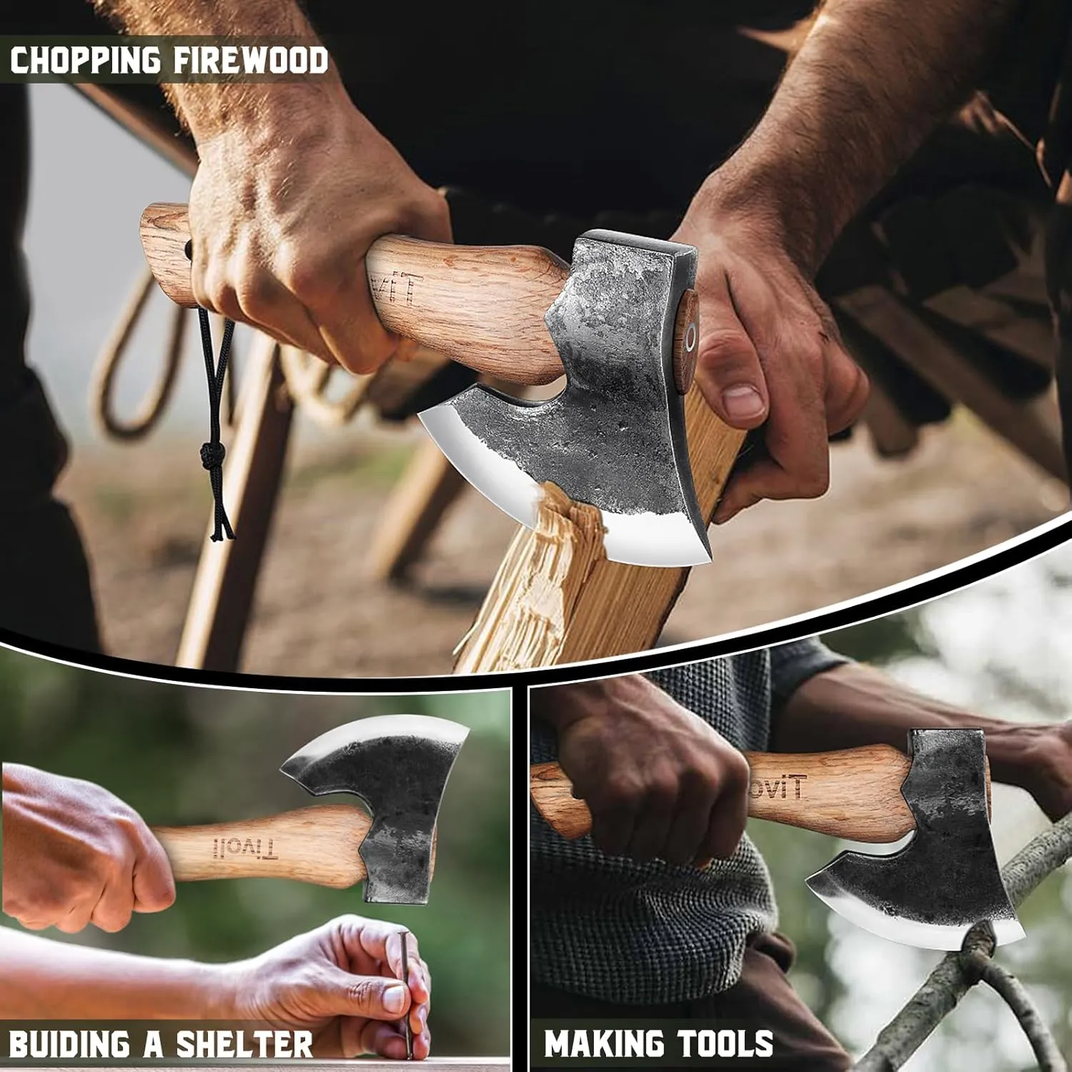 Tivoli 9-inch Small Hatchet Axe for Camping, Small Wood Hatchet Hand Axe, Hand Forged Carbon Steel Short Camp Axe for Chopping Wood, Ash Wood Handle, Retro Sheath